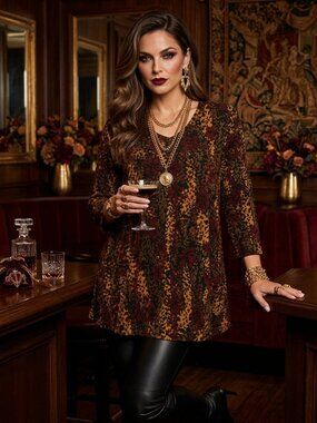Sarah Bentley 3X Floral Boho Tunic Top Burgundy Rust Gold V-Neck Knit